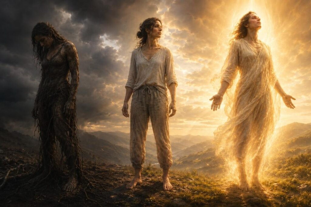 Three human figures representing the three natures: one earthy and heavy, one luminous and transitional, one radiant with golden light ascending.