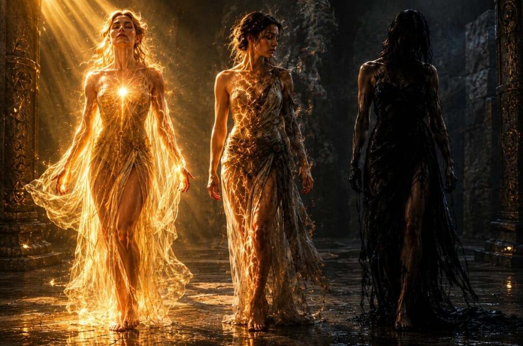 Three human figures representing pneumatic, psychic, and hylic natures