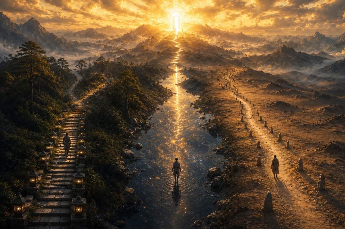 Three figures on distinct mountain paths--forest stairway, river crossing, and desert trail--converging toward a single radiant threshold of light