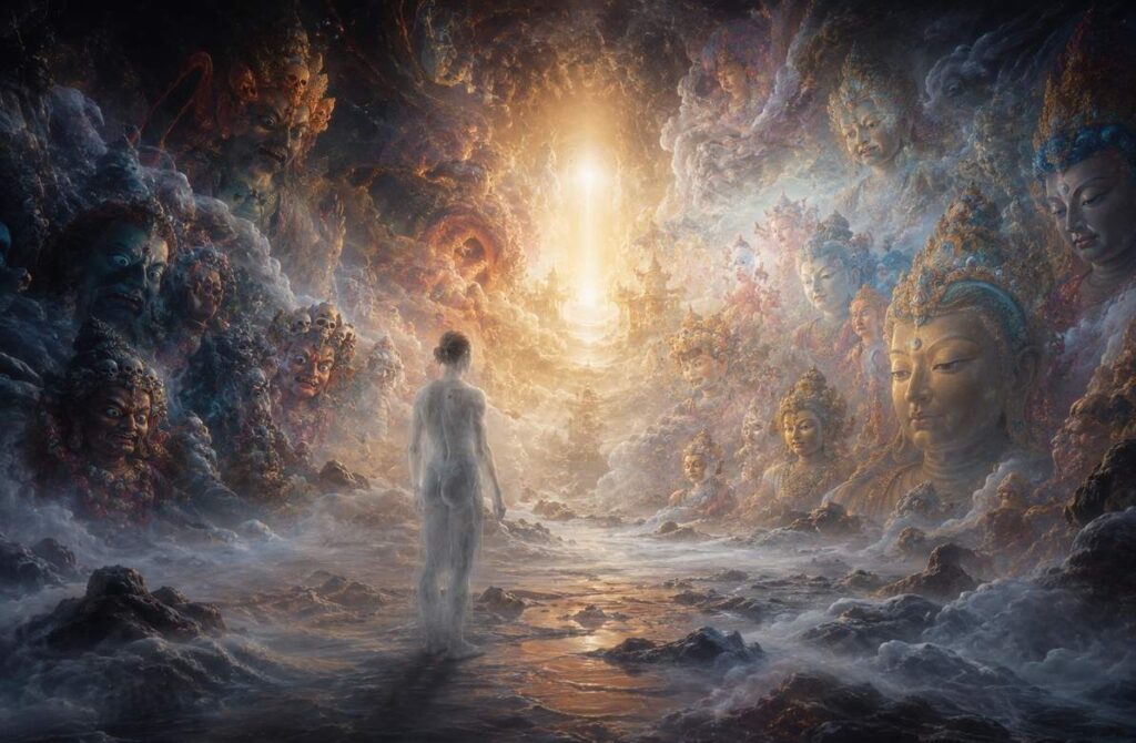 Tibetan Bardo landscape with swirling mist and a consciousness figure facing luminous projections
