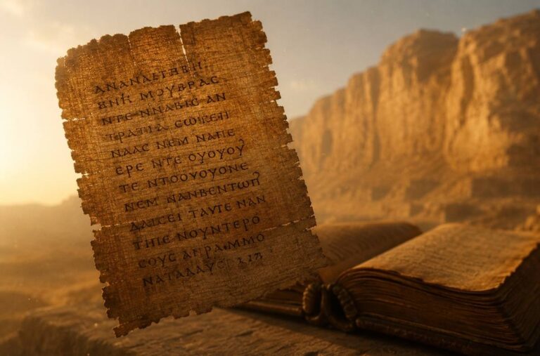 Single ancient papyrus leaf with Sahidic Coptic script floating in warm light before a leather-bound codex