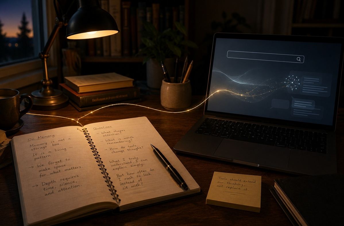 A handwritten notebook beside a search bar and AI interface on a screen, symbolising memory and reasoning being moved outside the mind
