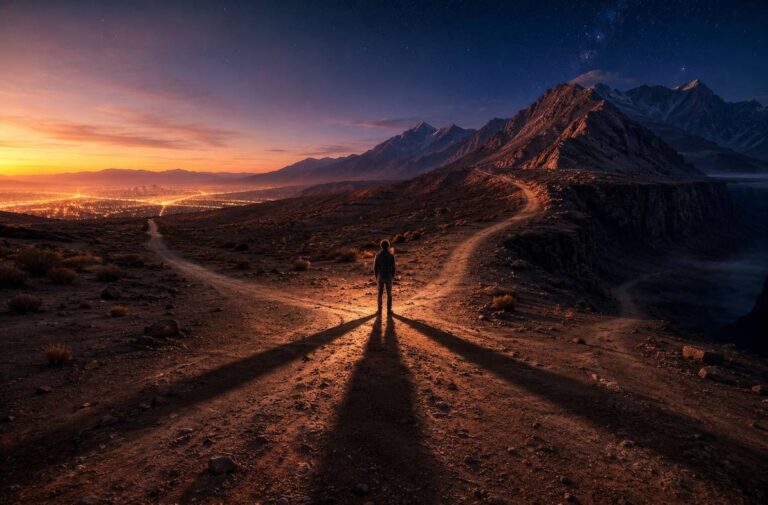 Solitary figure at desert crossroads with three diverging paths at twilight
