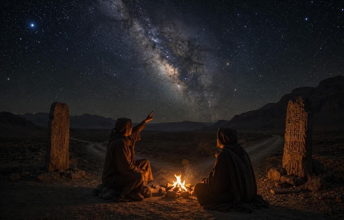 Two travelers meeting at a desert crossroads beneath a vast starry sky
