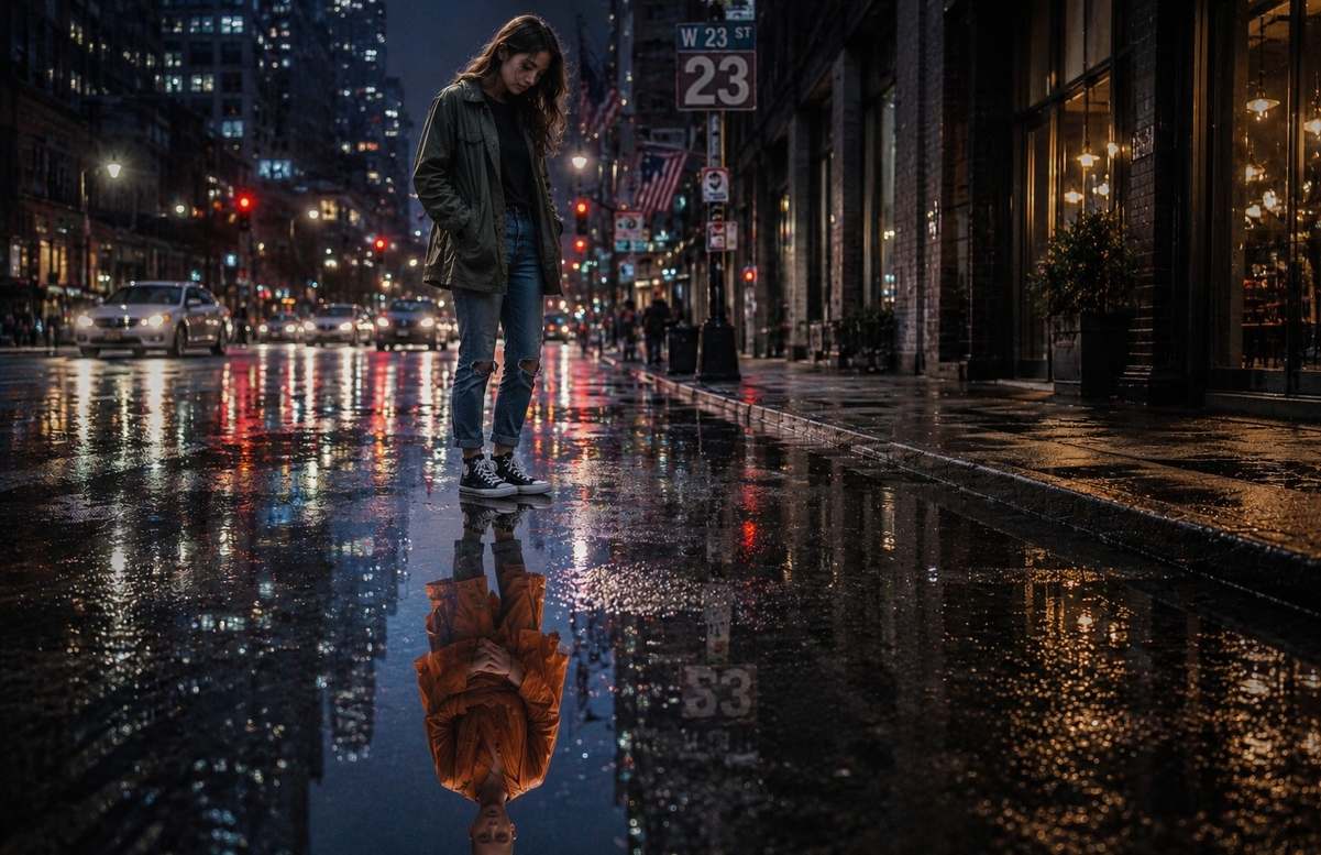 A person in modern city clothing whose reflection in a rain puddle shows an ancient monk in robes