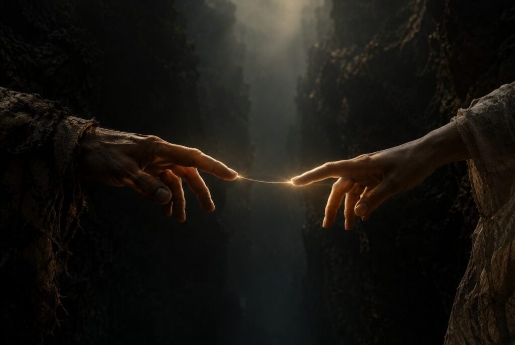 Two human hands reaching toward each other across dark divide with golden light between fingertips