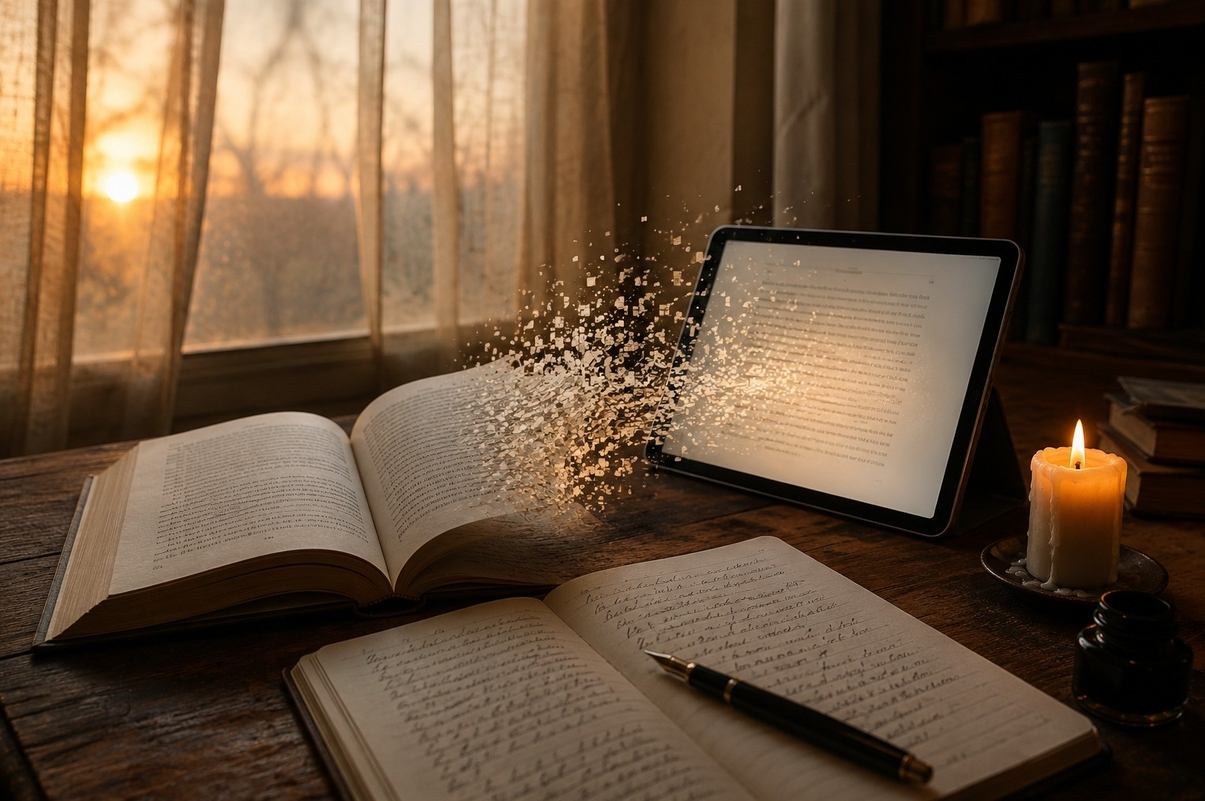 A quiet study desk where a printed page dissolves into digital fragments beside a glowing screen, symbolising technology rewriting habits of thought