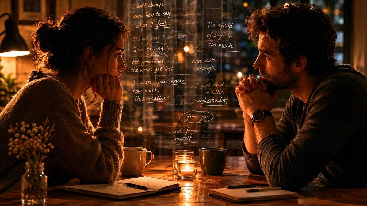 Two people in quiet conversation with a translucent curtain of faint words between them, symbolising the gap between literal speech and actual meaning.