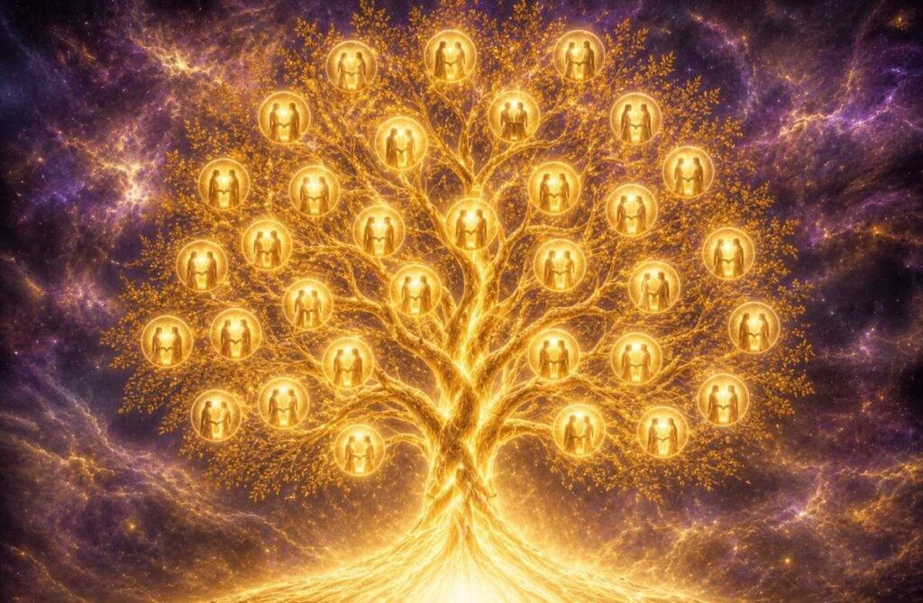 A cosmic golden tree bearing thirty luminous fruits, each containing paired divine figures representing the fifteen syzygies of the Valentinian Pleroma.