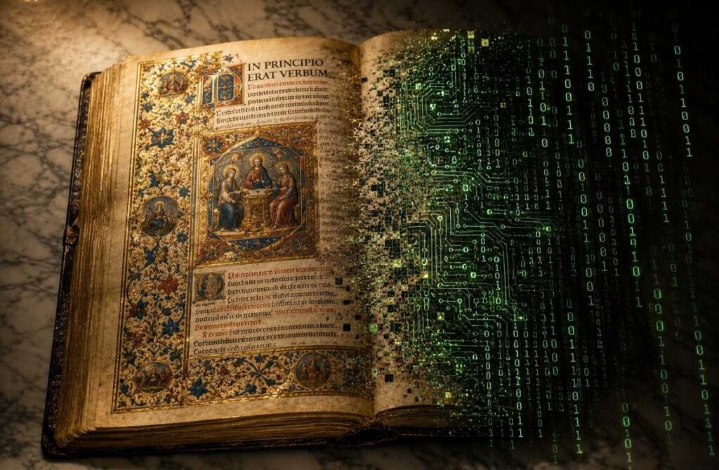 An ancient Vatican manuscript with illuminated borders gradually dissolving into digital binary code and circuit patterns, symbolising the intersection of tradition and technology.
