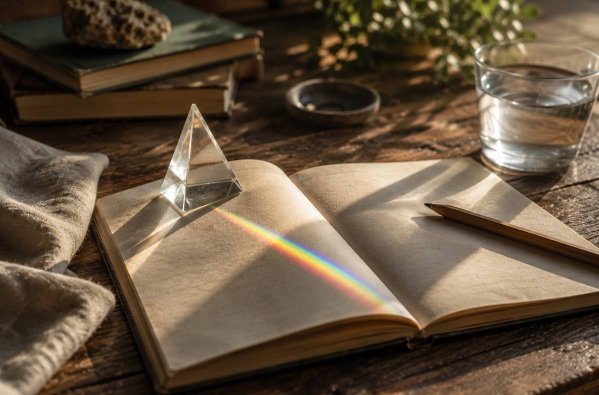 A prism casting a narrow band of colour across a notebook, symbolising the tiny visible portion of the electromagnetic spectrum