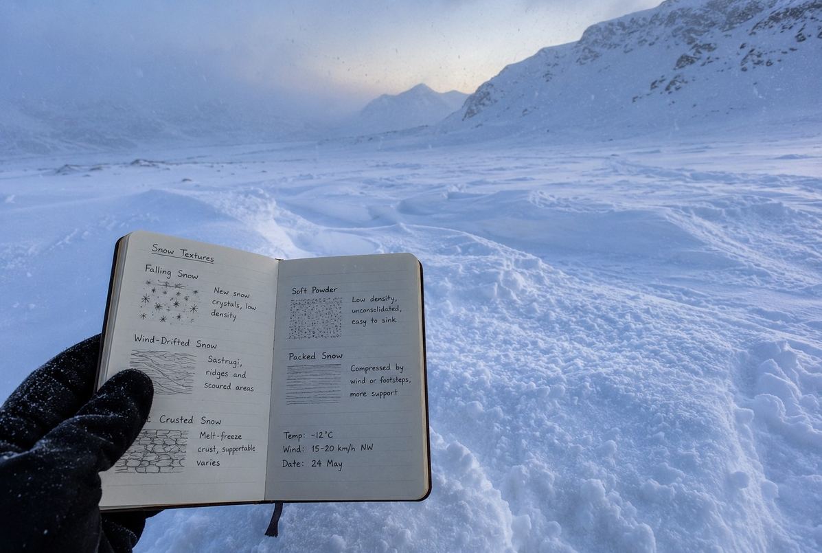 A snowy landscape with several subtly different snow textures marked in a field notebook, symbolising how vocabulary sharpens perception