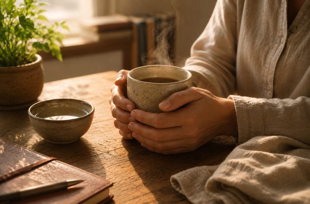 Hands wrapped around a warm ceramic mug on a wooden table, with steam rising in soft morning light.