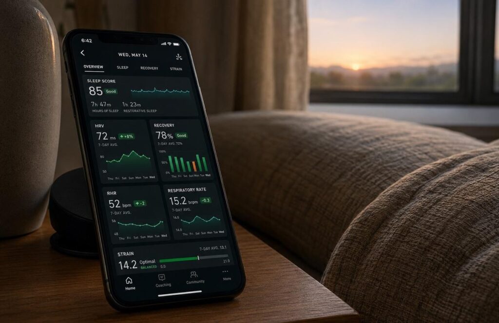 Smartphone displaying sleep scores and biometric metrics on a bedside table at dawn
