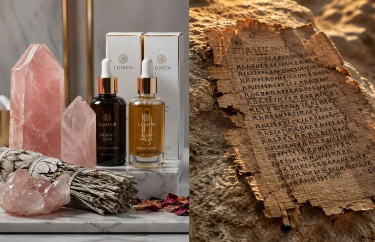Split composition showing luxury wellness products alongside ancient Coptic manuscript on desert stone