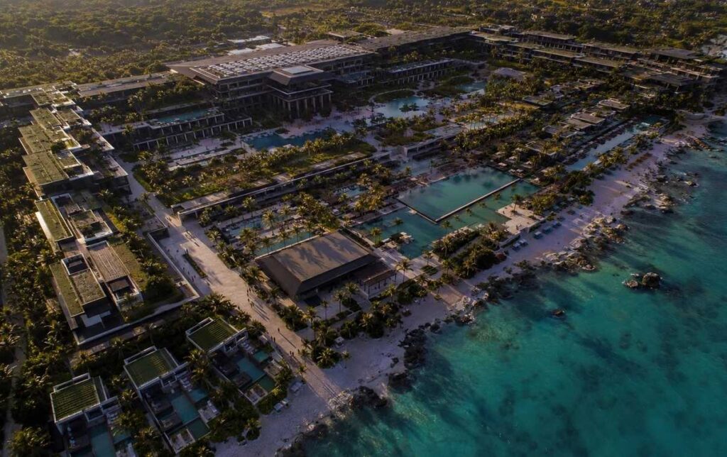 Aerial drone photograph of a massive luxury wellness resort