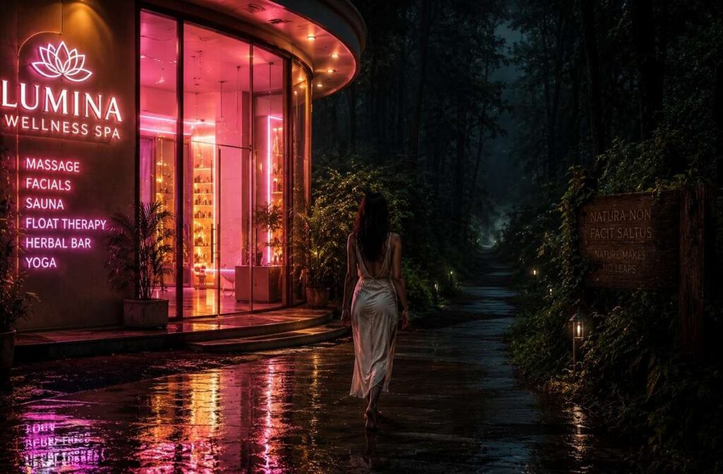 Solitary figure walking away from neon wellness spa toward a dark forest path