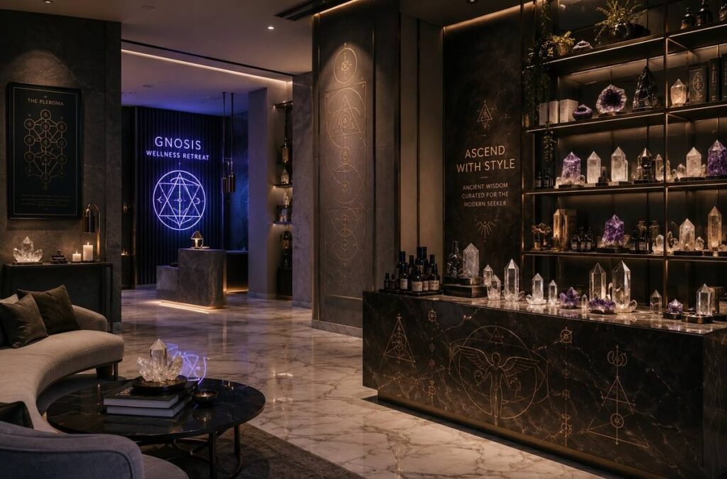 A luxury wellness retreat interior with ancient Gnostic symbols embedded in modern decor, crystals and neon signs.