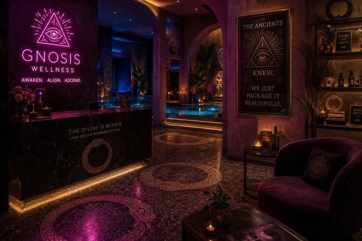 A neon-lit wellness spa interior with ancient Gnostic symbols subtly embedded in the modern decor