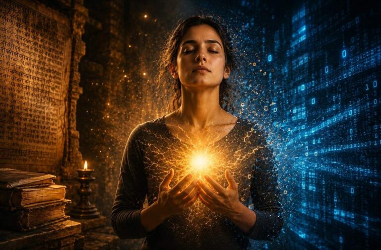 A modern seeker standing between ancient Gnostic manuscripts and luminous digital patterns, symbolising Neo Gnostic belief in direct knowing and inner recognition.