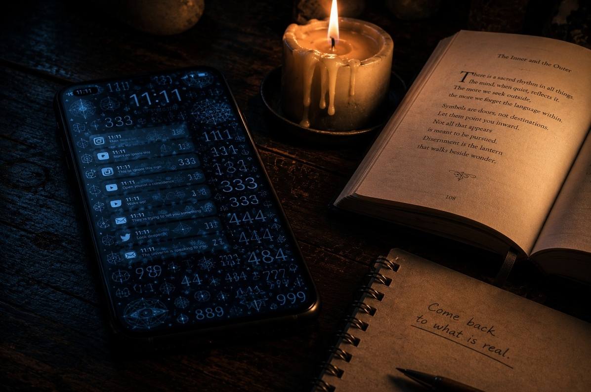 A smartphone displaying repeated symbols in cold blue light beside a candle and book in warm light, representing algorithmic symbolic overload
