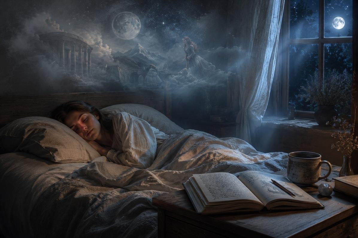 A peaceful sleeping figure with faint dream images floating above, a journal on the bedside table, representing dreams honoured without obedience