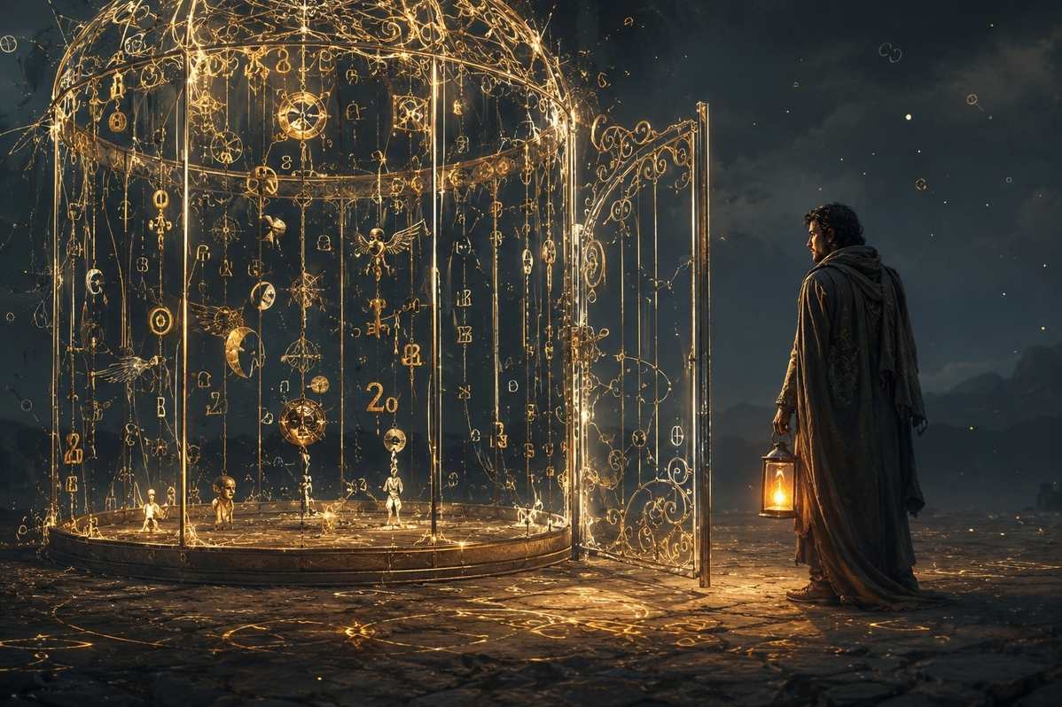 A symbolic cage made of floating signs and dream fragments with its door open, representing freedom from over-interpretation