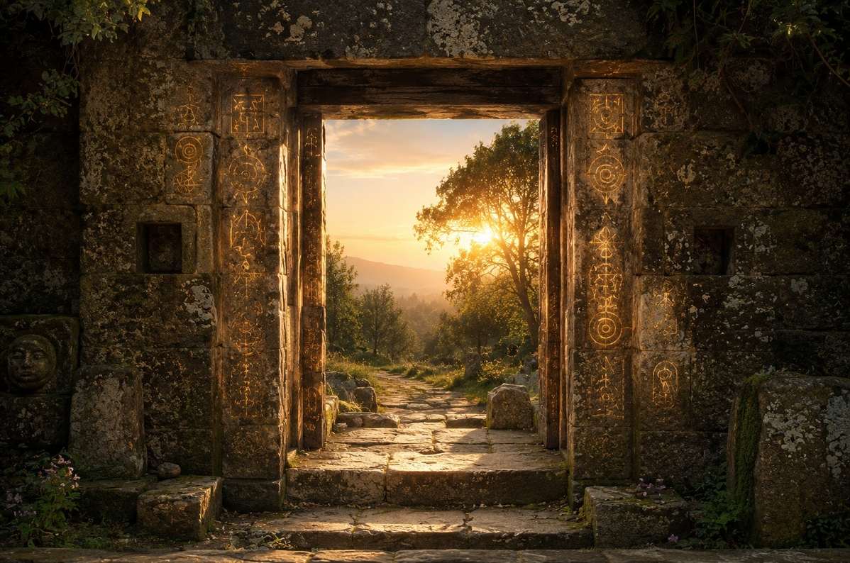 An ancient stone doorway with carved symbols opening onto a dawn landscape, representing symbols that open rather than imprison