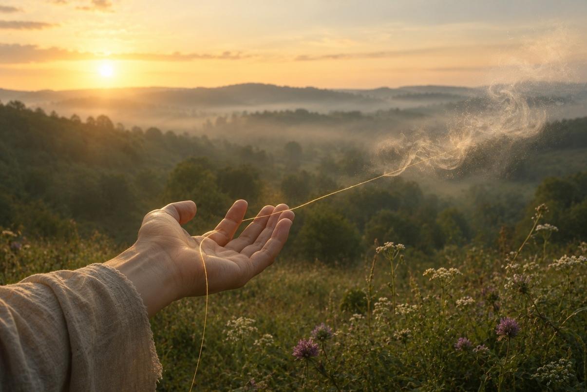 A golden thread passing through an open relaxed hand dissolving into morning mist, representing letting meaning breathe without possession