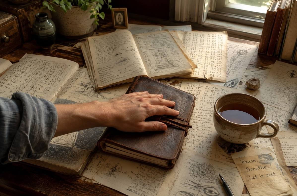 A desk covered with symbolic notes and dream sketches, a hand gently closing the notebook, representing the choice to pause over-interpretation