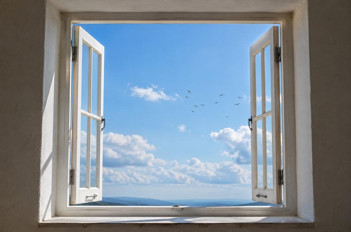A simple open window frame in a white wall revealing an expansive sky with scattered clouds
