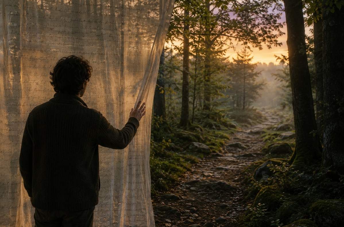 A person touching a translucent curtain of words at the edge of a forest, symbolising the reality beyond inherited language