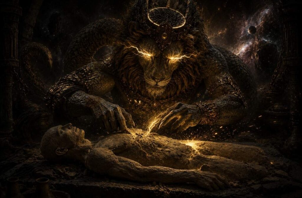 Yaldabaoth the lion-faced serpent crafting a clay human body in a dark cosmic forge