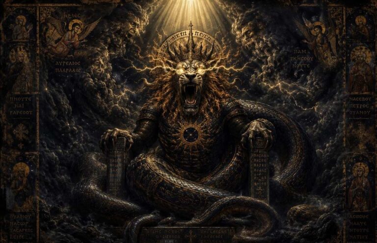 An ancient deity with a serpent body and lion head, eyes flashing lightning, seated on a throne within a dark cloud.