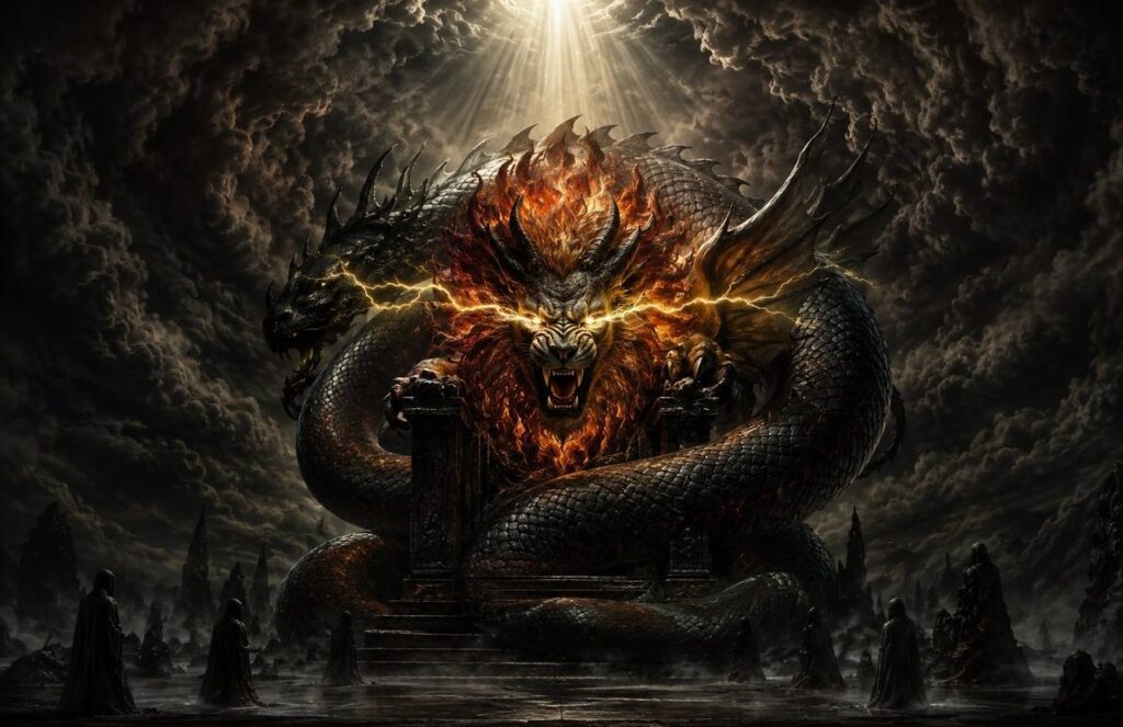 A monstrous lion-faced serpent coiled around a black throne with lightning eyes, surrounded by dark clouds with a single ray of divine light above.