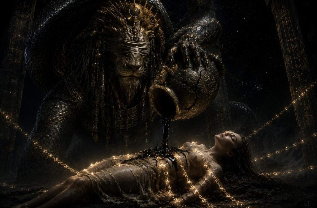 Yaldabaoth as a blind lion-faced serpent deity pouring dark water over a sleeping human figure in a cosmic prison