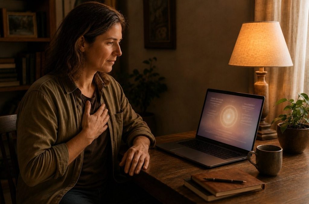 A person checks inwardly while sitting before a softly glowing laptop, representing discernment around AI and machine authority