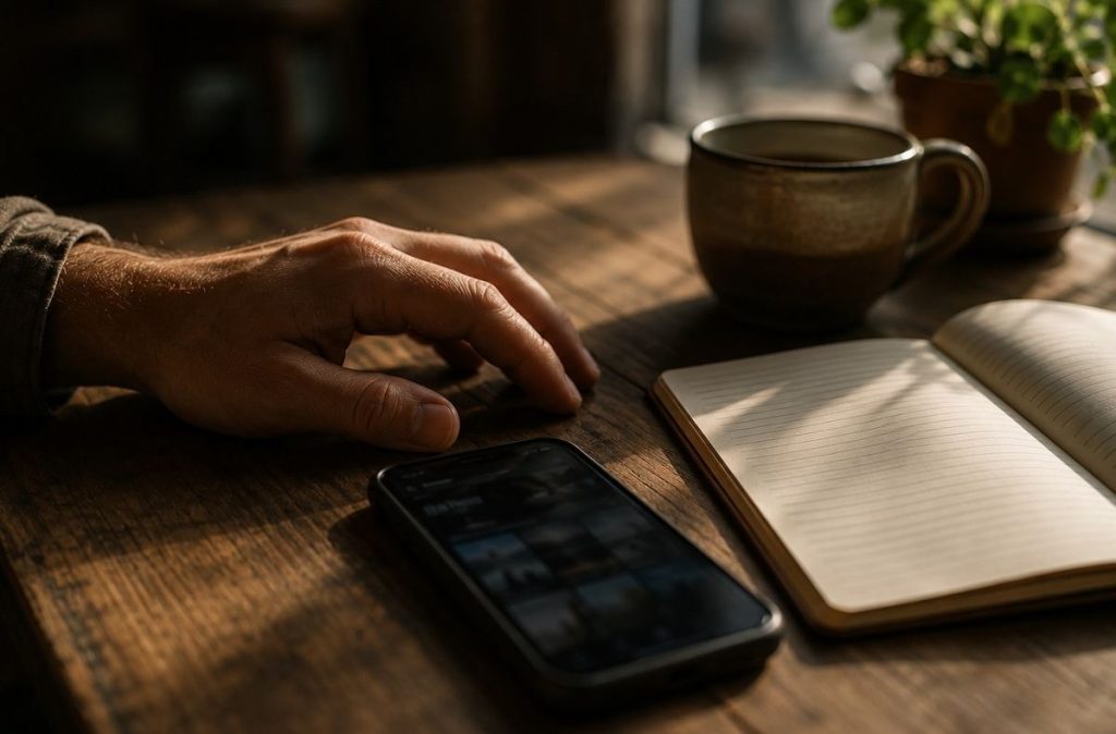 A hand pauses beside a dim smartphone and notebook, symbolising digital discernment and algorithmic authority
