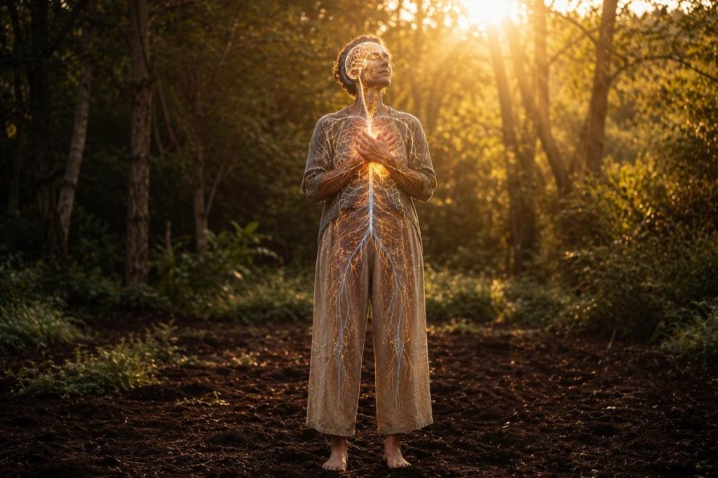 A person standing barefoot on earth with hands on their heart, neural light pathways visible beneath the skin, representing embodied truth and somatic discernment