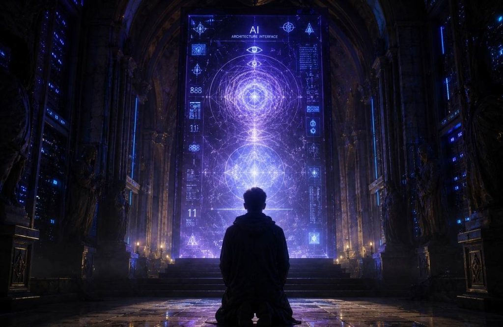 A solitary figure kneeling before a massive glowing screen displaying an AI interface in a dark cathedral-like server room, representing machine-mediated spiritual authority