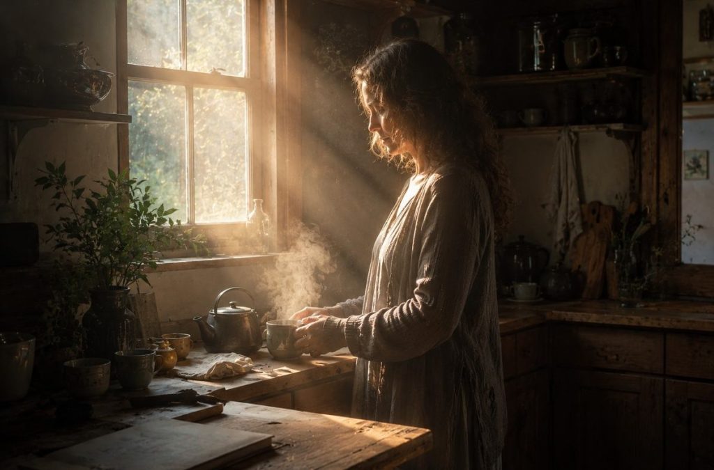 Soft morning light illuminating a simple kitchen where a person prepares tea with quiet presence, representing genuine awakening in ordinary life