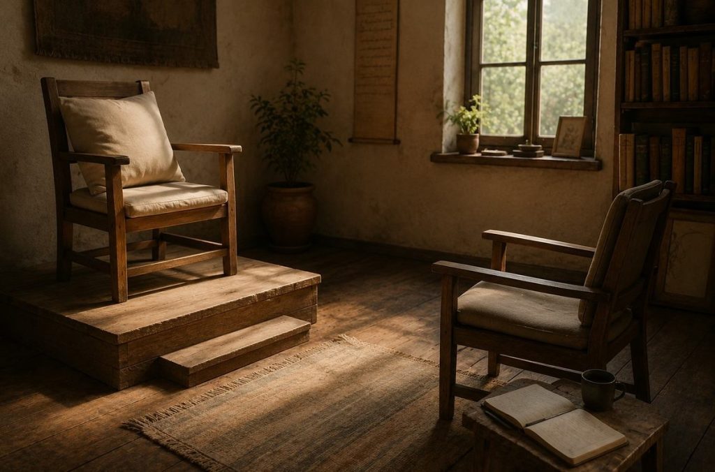 Two chairs in a quiet room, one subtly elevated, representing the danger of turning guidance into spiritual authority