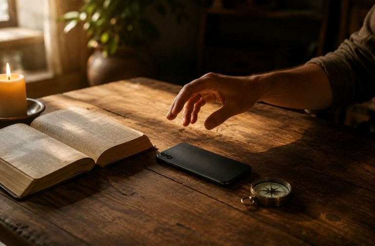 A candle, old book, silent smartphone and brass compass on a wooden table, symbolising discernment between human guidance, machine authority and direct knowing