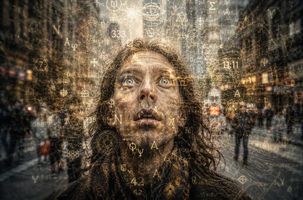 A chaotic overlay of sacred symbols, numbers and geometric patterns flooding a person's field of vision, representing symbolic overload and compulsive interpretation