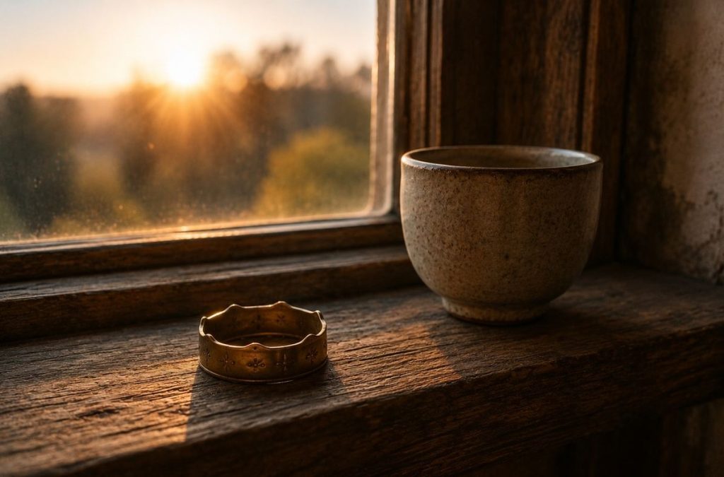 A simple brass circle on a wooden windowsill in dawn light, symbolising authority returned to the inner spark