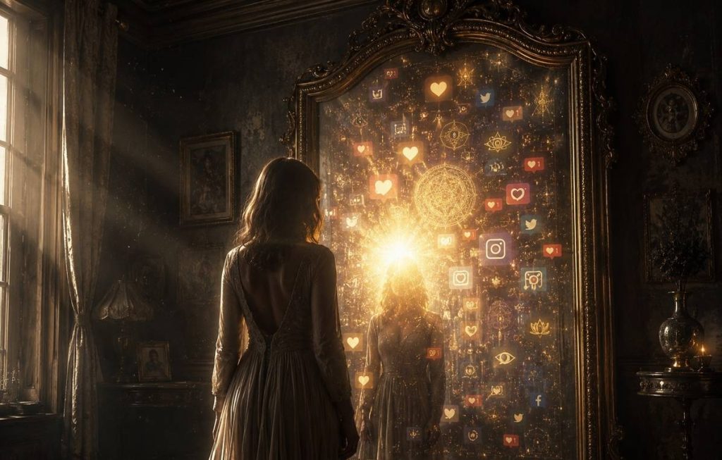A person gazing into a mirror surrounded by glowing social media icons and spiritual symbols, representing spiritual performance as identity branding