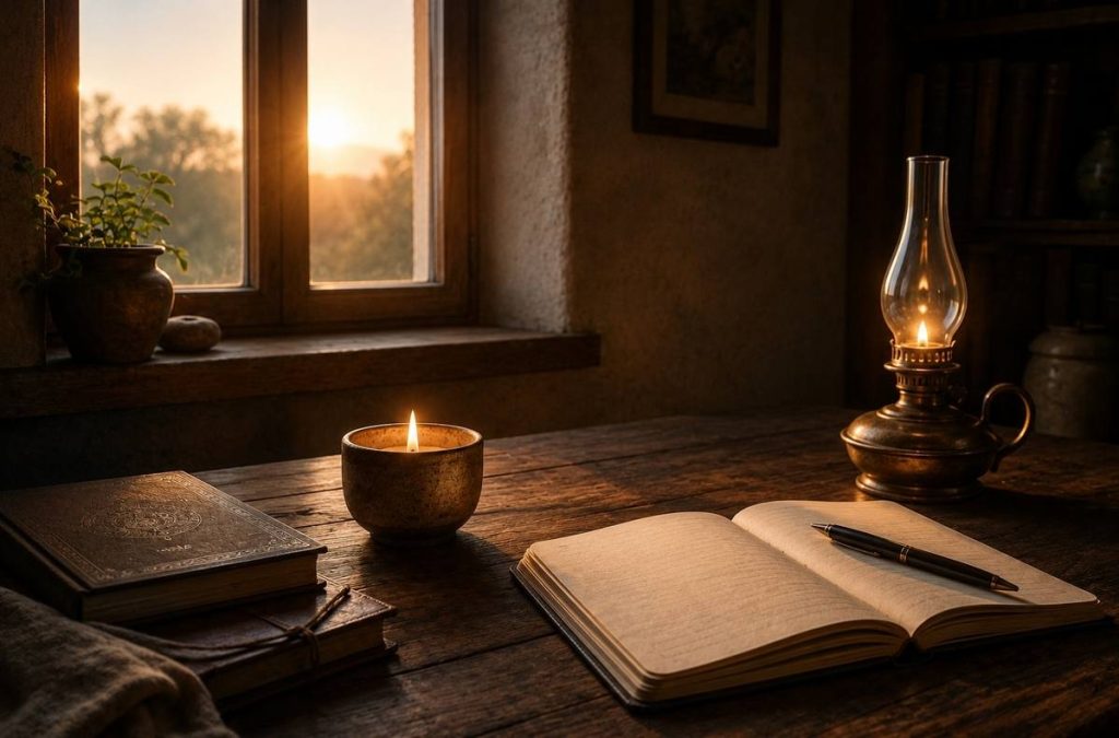 Three small lights on a wooden table beside a notebook, symbolising inner, ethical and ordinary tests of authority